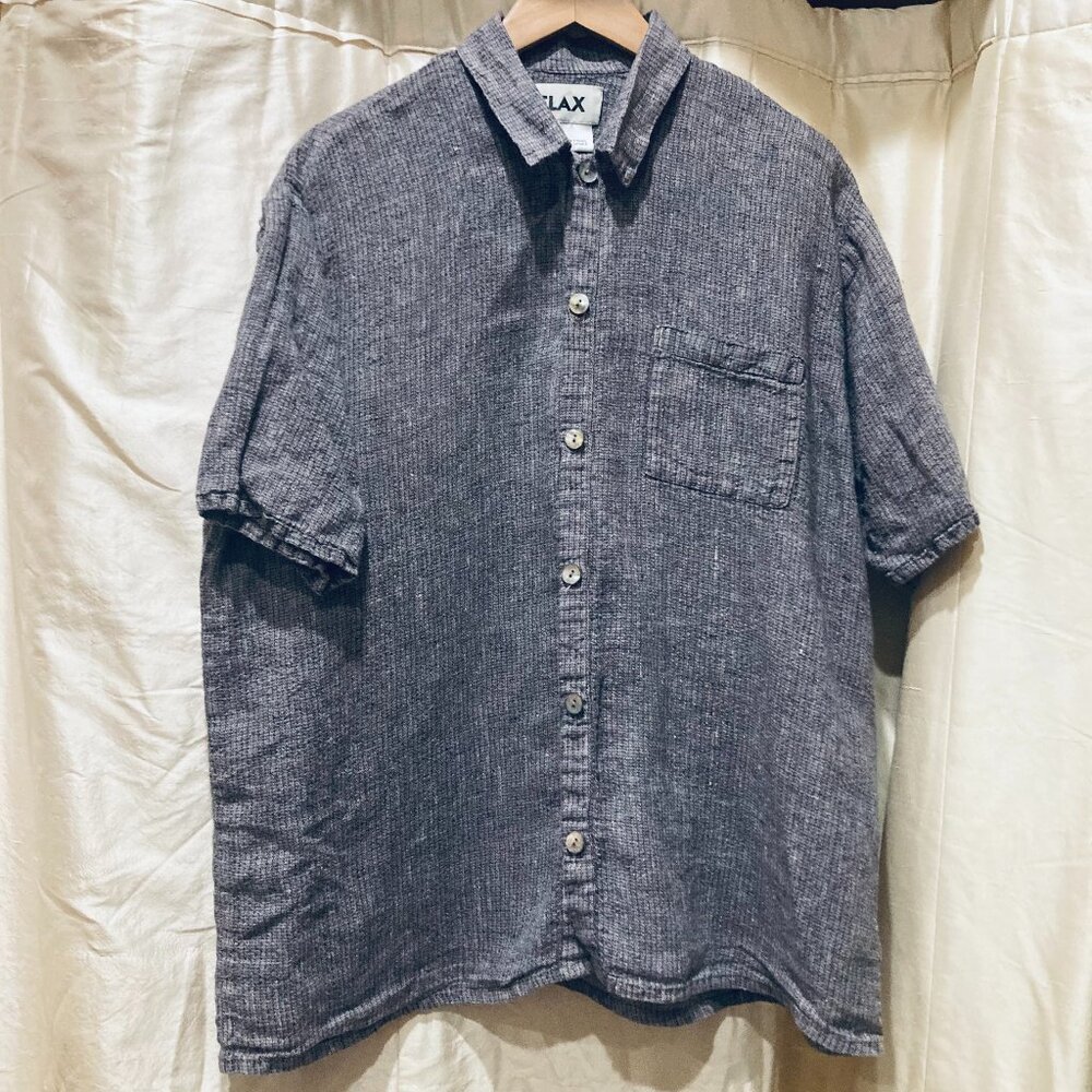 FLAX 100% Linen Short Sleeved Button Down Top, Small Blue Weave